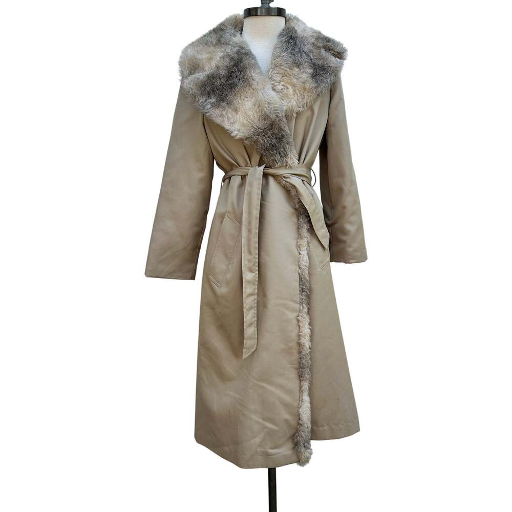 Vintage Long Belted Jacket Faux Fur Trim Tan Long Coat Womans Sz S/M